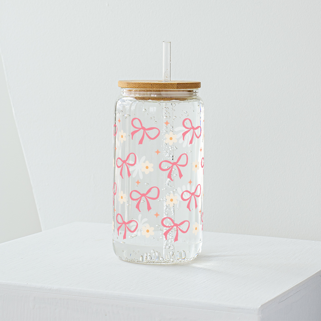Pink Bow and Daisy Flowers Glass Tumbler - Clear 540ml