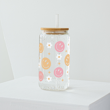 Smiley with Daisy Flower Glass Tumbler - Clear 540ml