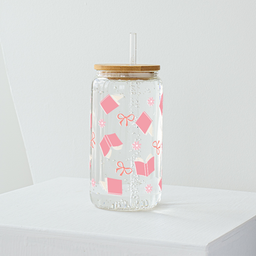 Books with Pink Bows and Flowers Glass Tumbler - Clear 540ml