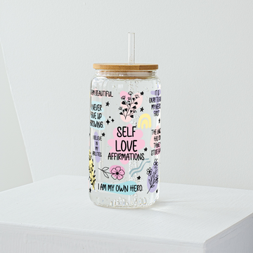 Colourful Self Love Affirmations Glass Tumbler - Clear 540 ml