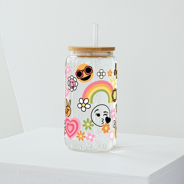 Boho Flowers and Smiley Glass Tumbler - Clear 540 ml