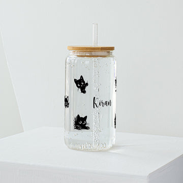 Cute Black Cats Glass Tumbler with Personalisation- Clear 540 ml