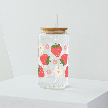 Strawberry with Daisy Flowers Glass Tumbler - Clear 540ml