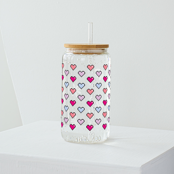 Pink Pixel Hearts Glass Tumbler - Clear 540ml