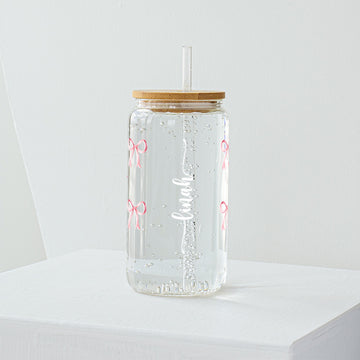 Pink Bow Glass Tumbler with personalisation- Clear 540 ml