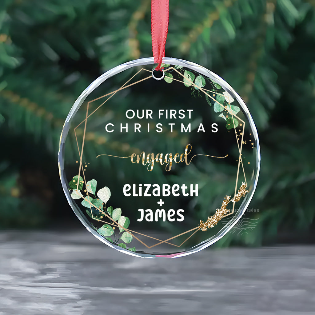 Engaged Couple Crystal Glass Christmas Tree Ornament with Names
