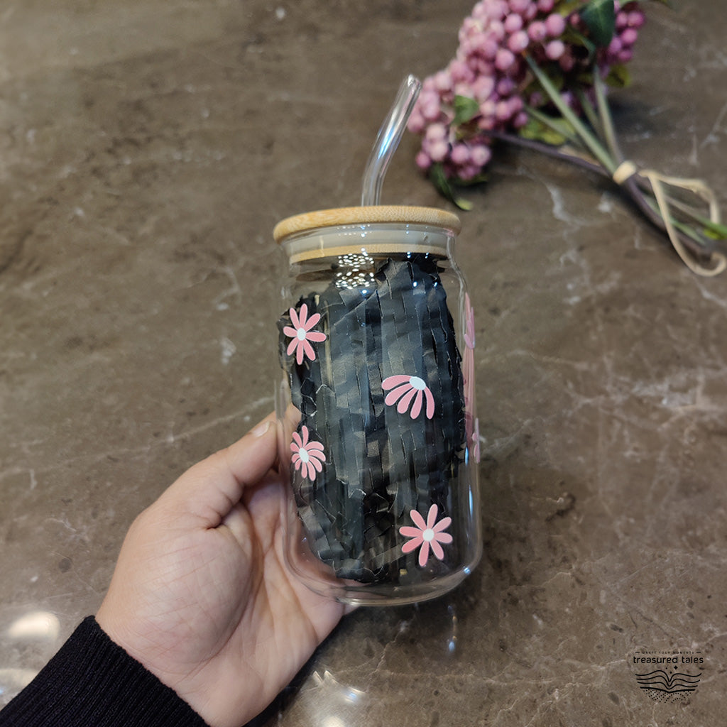 Pink Daisy Flower Glass Tumbler with Personalisation- Clear 540ml