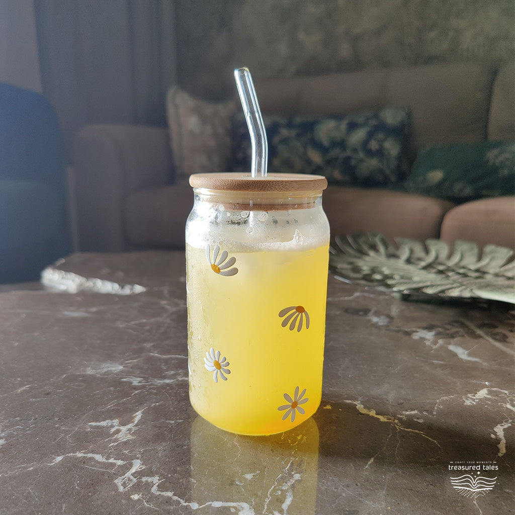 White Daisy Flower Glass Tumbler with Personalisation - Clear 540ml