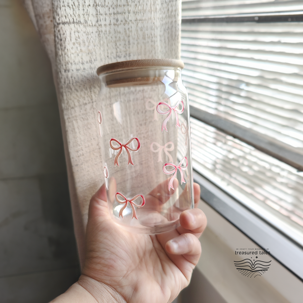 Pink Bow Glass Tumbler with personalisation- Clear 540 ml
