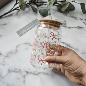 Pink Bow and Daisy Flowers Glass Tumbler - Clear 540ml