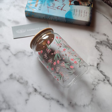 Pink Tulips with Bow Glass Tumbler - Clear 540ml