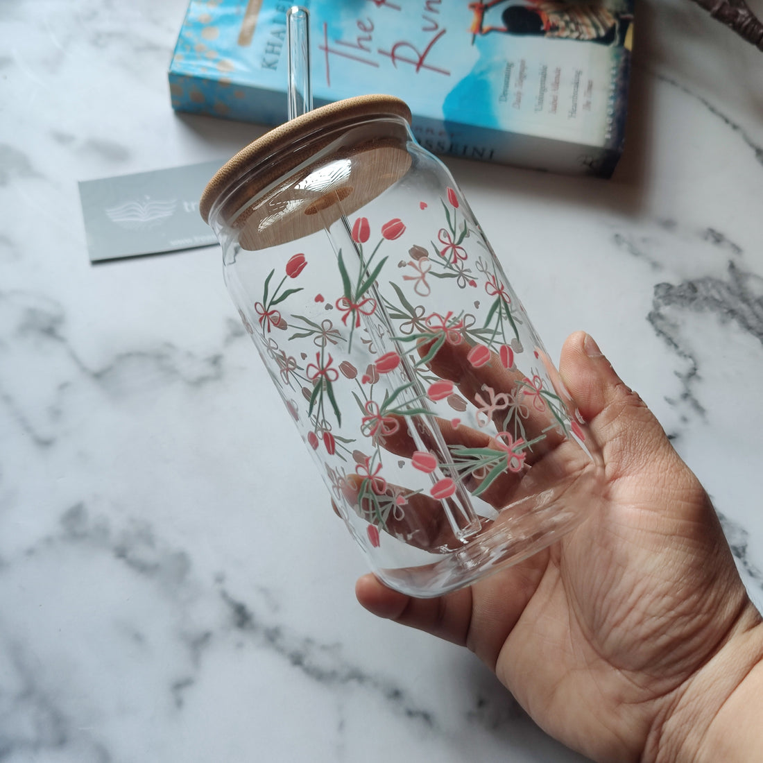 Pink Tulips with Bow Glass Tumbler - Clear 540ml