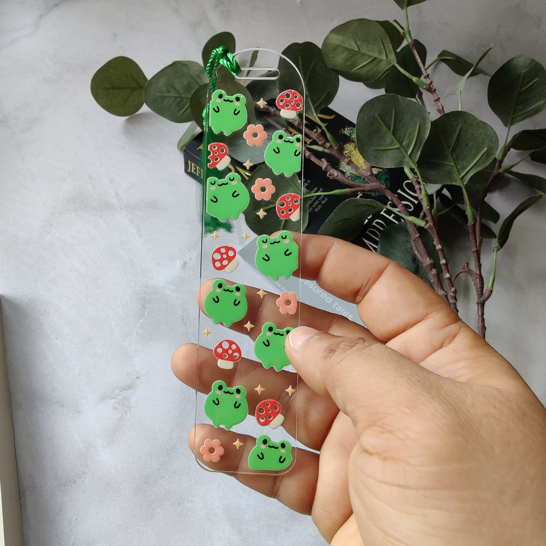 Green froggy and Mushrooms Acrylic Bookmark