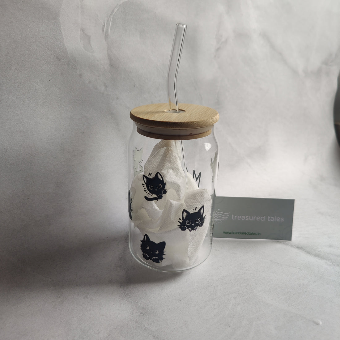 Cute Black Cats Glass Tumbler with Personalisation- Clear 540 ml