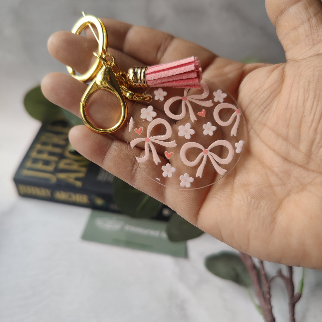 Pink Bow and Daisy Flowers Acrylic Keychain