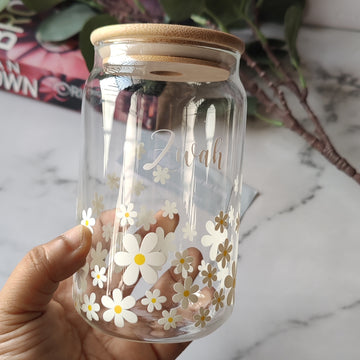 White Daisy Flower Glass Tumbler with Personalisation - Clear 540ml
