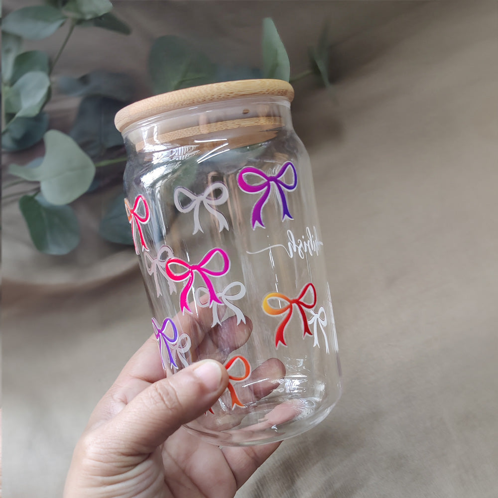 Pink Bow Glass Tumbler - Clear 540ml