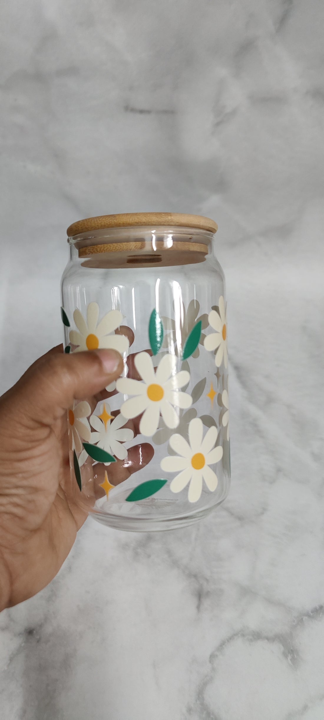 White Daisy Flower Glass Tumbler - Clear 540ml