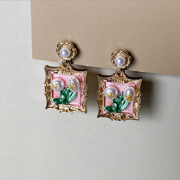 Floral Art Frame Drop Earrings