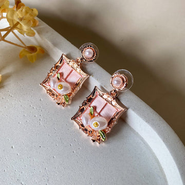 Vintage Bloom Frame Earrings - Pink Peach