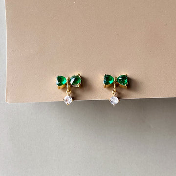 Emerald Bow Drop Earrings - Gold (Anti-Tarnish)