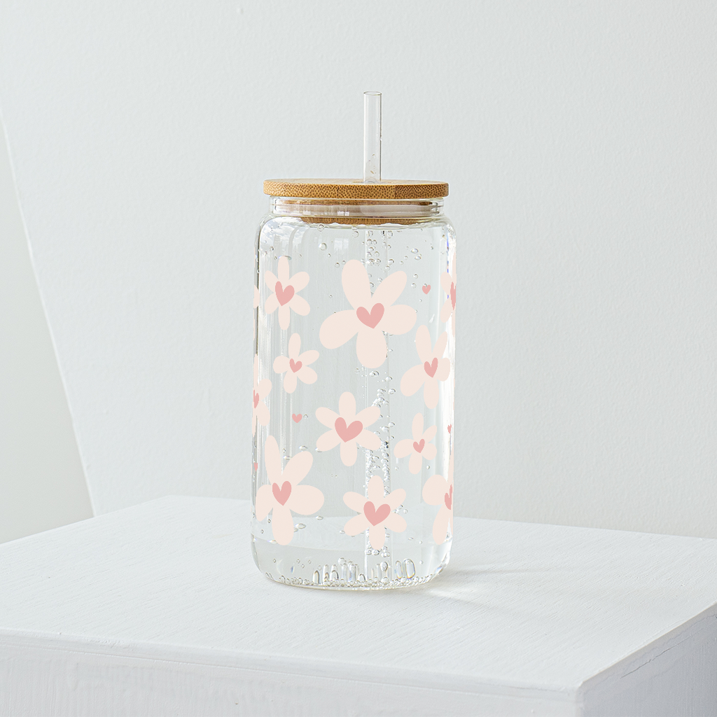 Daisy Flower with Hearts Glass Tumbler - Clear 540ml
