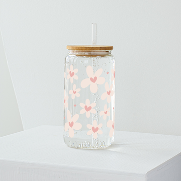 Daisy Flower with Hearts Glass Tumbler - Clear 540ml