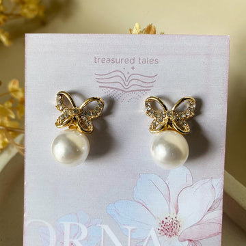Golden Ribbon Pearl Earrings