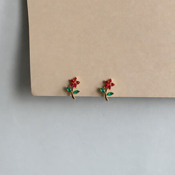 Ruby Blossom Ball Back Earrings - Gold
