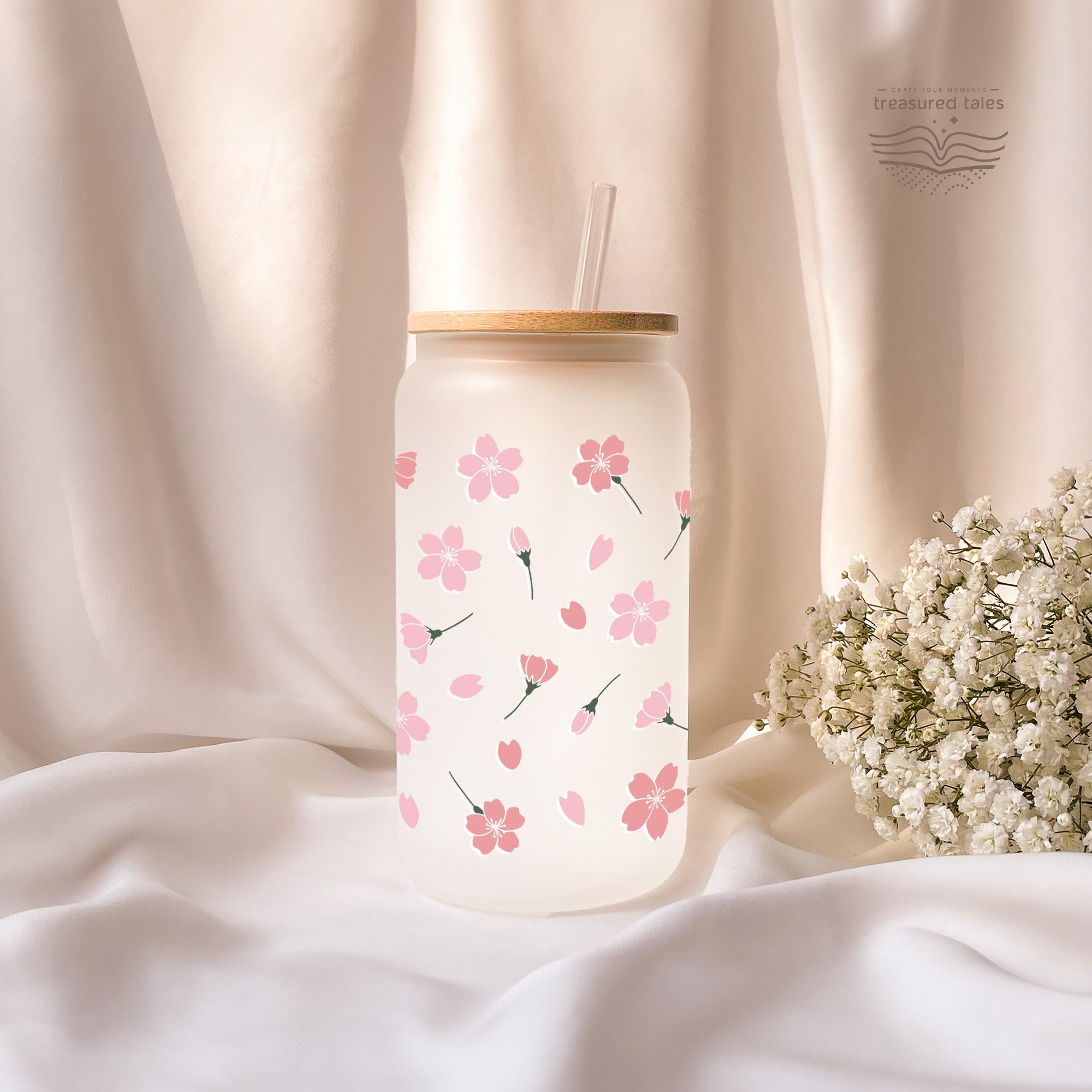 Sakura Flowers Glass Tumbler - Frosted 540ml