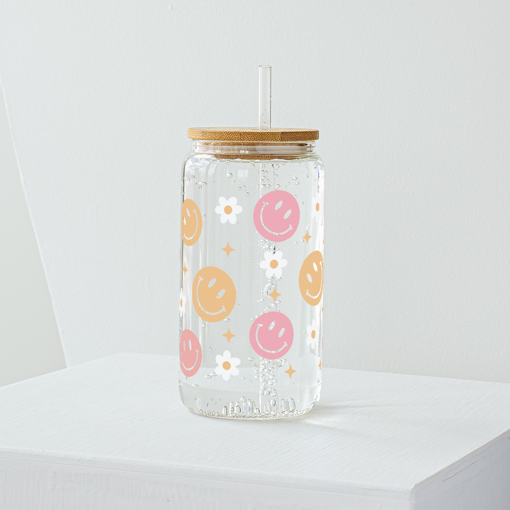 Smiley with Daisy Flower Glass Tumbler - Clear 540ml