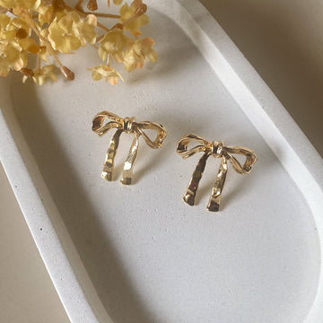 Hammered Ribbon Bow Earrings - Gold