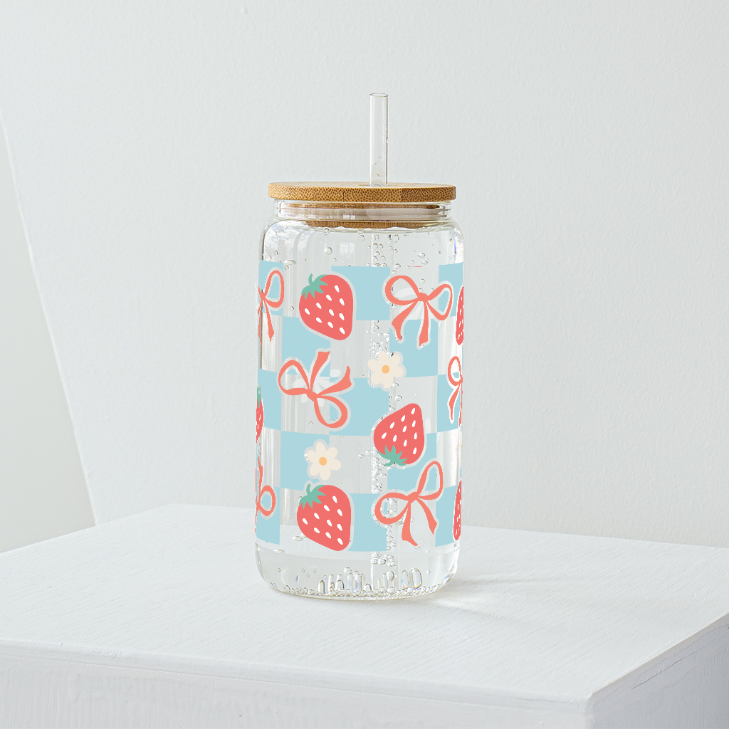 Pink Bow with Strawberry and Daisy Flowers Glass Tumbler - Clear 540ml