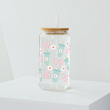 Pink Bows And Cups Glass Tumbler - Clear 540 ml