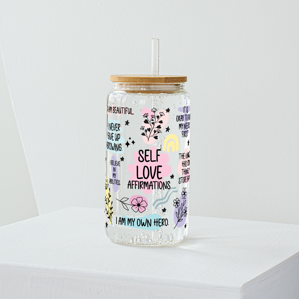 Colourful Self Love Affirmations Glass Tumbler - Clear 540 ml