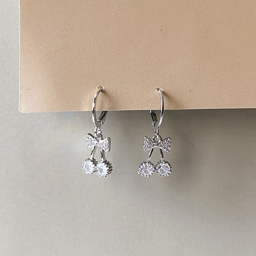 Crystal Cherry Bow Earrings - Silver (Anti-Tarnish)