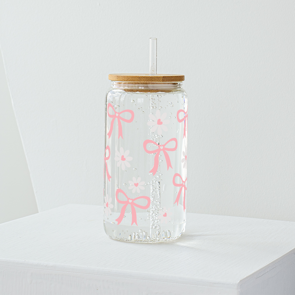 Pink Bow with Flowers Glass Tumbler - Clear 540 ml