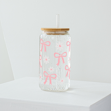Pink Bow with Flowers Glass Tumbler - Clear 540 ml