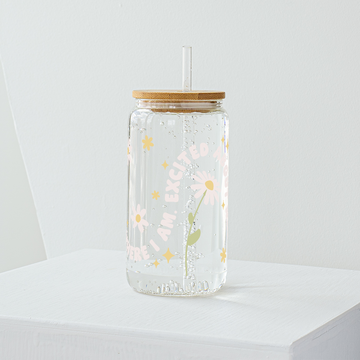 Daisy Flower with Words Glass Tumbler - Clear 540ml