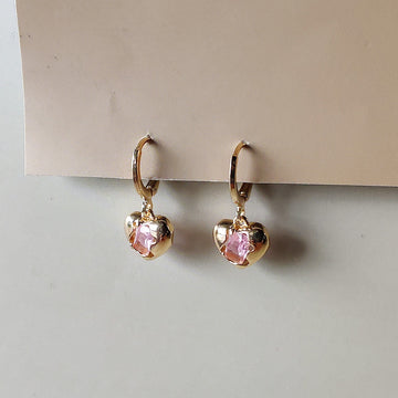 Mini Pink Crystal Heart Earrings - Gold