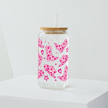 Pink Cowgirl Boots Glass Tumbler - Clear 540ml