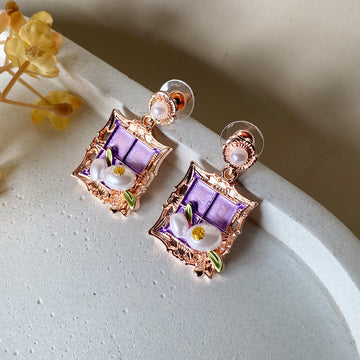 Vintage Bloom Frame Earrings - Purple