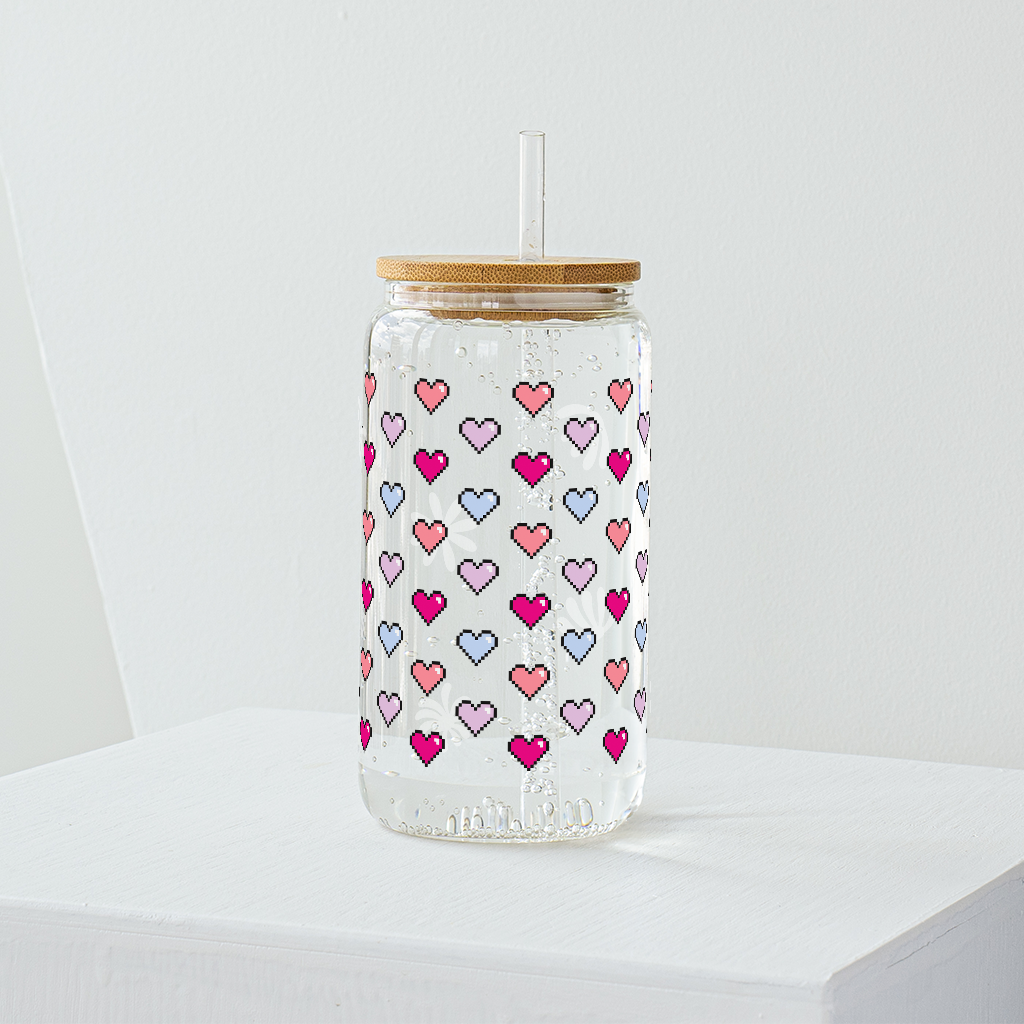 Pink Pixel Hearts Glass Tumbler - Clear 540ml