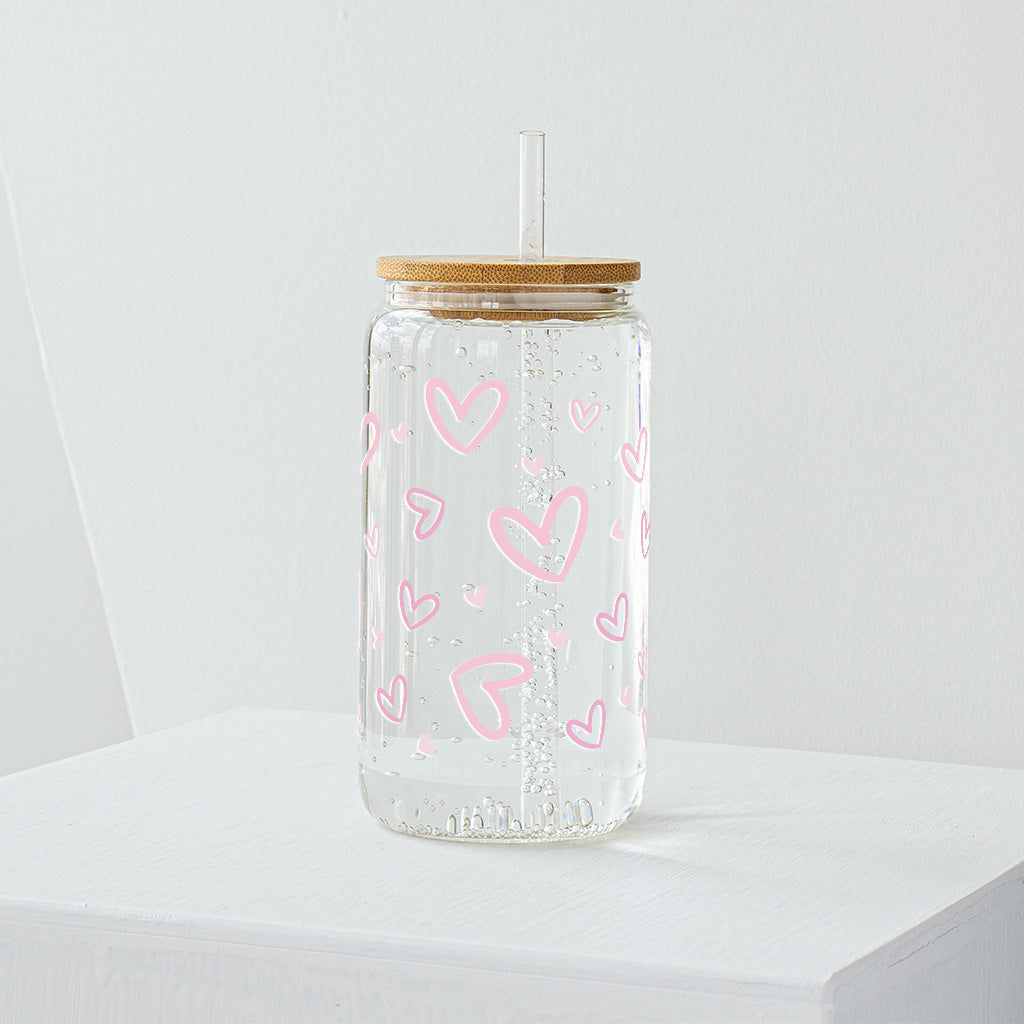 Pink Random Hearts Glass Tumbler - Clear 540 ml