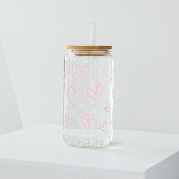 Pink Random Hearts Glass Tumbler - Clear 540 ml