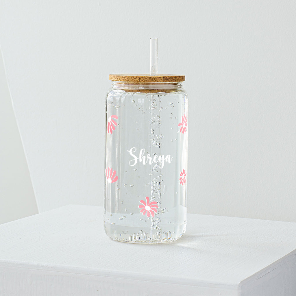 Pink Daisy Flower Glass Tumbler with Personalisation- Clear 540ml