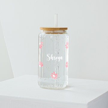 Pink Daisy Flower Glass Tumbler with Personalisation- Clear 540ml