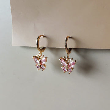 Mini Pink Butterfly Earrings - Gold