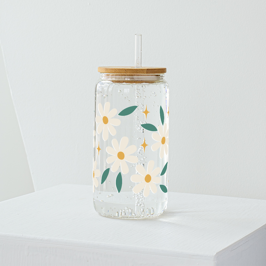 White Daisy Flower Glass Tumbler - Clear 540ml
