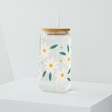 White Daisy Flower Glass Tumbler - Clear 540ml